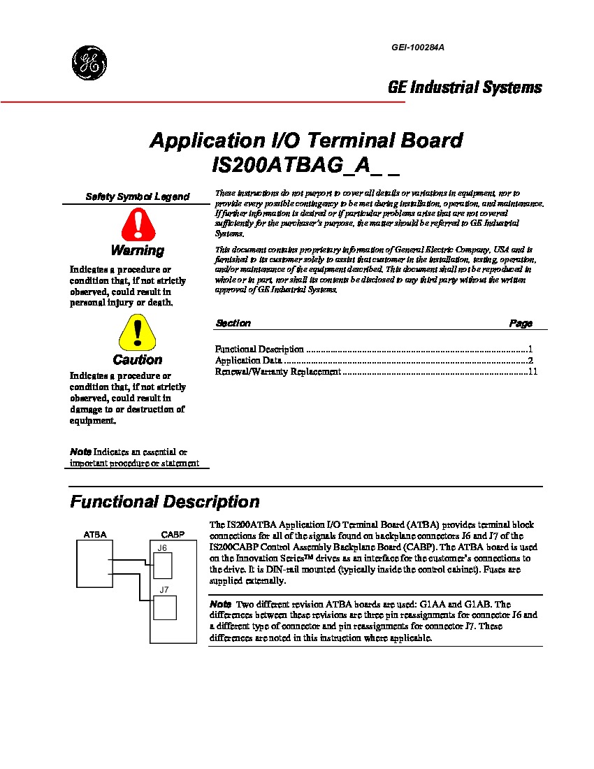 First Page Image of IS200ATBAG1A Application IO Terminal Board Application Data.pdf